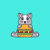 rat mignon mangeant un hamburger. concept de dessin animé animal isolé. peut être utilisé pour un t-shirt, une carte de voeux, une carte d'invitation ou une mascotte. style cartoon plat vecteur