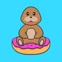 chien mignon est assis sur des beignets. concept de dessin animé animal isolé. peut être utilisé pour un t-shirt, une carte de voeux, une carte d'invitation ou une mascotte. style cartoon plat vecteur