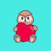 hibou mignon tenant un grand coeur rouge. concept de dessin animé animal isolé. peut être utilisé pour un t-shirt, une carte de voeux, une carte d'invitation ou une mascotte. style cartoon plat vecteur