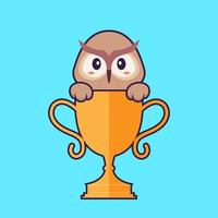 hibou mignon avec trophée d'or. concept de dessin animé animal isolé. peut être utilisé pour un t-shirt, une carte de voeux, une carte d'invitation ou une mascotte. style cartoon plat vecteur