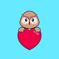 hibou mignon tenant un grand coeur rouge. concept de dessin animé animal isolé. peut être utilisé pour un t-shirt, une carte de voeux, une carte d'invitation ou une mascotte. style cartoon plat vecteur