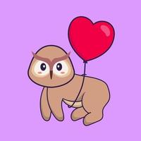 hibou mignon volant avec des ballons en forme d'amour. concept de dessin animé animal isolé. peut être utilisé pour un t-shirt, une carte de voeux, une carte d'invitation ou une mascotte. style cartoon plat vecteur