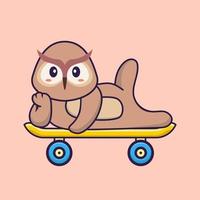 hibou mignon allongé sur une planche à roulettes. concept de dessin animé animal isolé. peut être utilisé pour un t-shirt, une carte de voeux, une carte d'invitation ou une mascotte. style cartoon plat vecteur