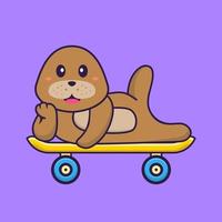 chien mignon allongé sur une planche à roulettes. concept de dessin animé animal isolé. peut être utilisé pour un t-shirt, une carte de voeux, une carte d'invitation ou une mascotte. style cartoon plat vecteur