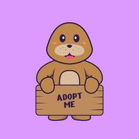 chien mignon tenant une affiche adopte-moi. concept de dessin animé animal isolé. peut être utilisé pour un t-shirt, une carte de voeux, une carte d'invitation ou une mascotte. style cartoon plat vecteur