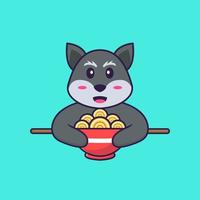 renard mignon mangeant des nouilles ramen. concept de dessin animé animal isolé. peut être utilisé pour un t-shirt, une carte de voeux, une carte d'invitation ou une mascotte. style cartoon plat vecteur