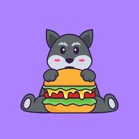 renard mignon mangeant un hamburger. concept de dessin animé animal isolé. peut être utilisé pour un t-shirt, une carte de voeux, une carte d'invitation ou une mascotte. style cartoon plat vecteur