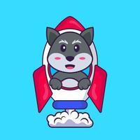 renard mignon volant sur une fusée. concept de dessin animé animal isolé. peut être utilisé pour un t-shirt, une carte de voeux, une carte d'invitation ou une mascotte. style cartoon plat vecteur