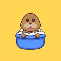 chien mignon prenant un bain dans la baignoire. concept de dessin animé animal isolé. peut être utilisé pour un t-shirt, une carte de voeux, une carte d'invitation ou une mascotte. style cartoon plat vecteur