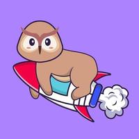 hibou mignon volant sur fusée. concept de dessin animé animal isolé. peut être utilisé pour un t-shirt, une carte de voeux, une carte d'invitation ou une mascotte. style cartoon plat vecteur