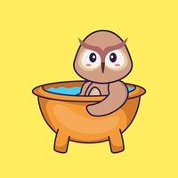 chouette mignonne prenant un bain dans la baignoire. concept de dessin animé animal isolé. peut être utilisé pour un t-shirt, une carte de voeux, une carte d'invitation ou une mascotte. style cartoon plat vecteur