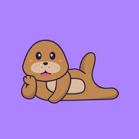 chien mignon couché. concept de dessin animé animal isolé. peut être utilisé pour un t-shirt, une carte de voeux, une carte d'invitation ou une mascotte. style cartoon plat vecteur