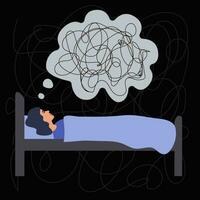 une femme mensonges dans lit, ne peux pas dormir, a lourd pensées. mental désordre concept, dépression, insomnie. vecteur illustration