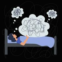 une femme mensonges dans lit, ne peux pas dormir, a lourd pensées. mental désordre concept, dépression, insomnie. vecteur illustration