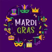 illustration typographique vectorielle du fond violet de la beauté du mardi gras avec une texture en losange et des drapeaux festifs multicolores, des confettis, des tambours et plus encore. carte de voeux de célébration vecteur