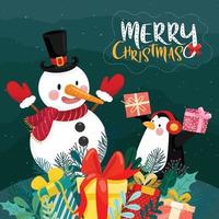 joyeux noël carte avec boîte-cadeau, pingouin et bonhomme de neige sur fond de neige et de pin