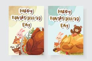 carte de joyeux Thanksgiving avec dinde, écureuil, ours, lapin et cerf vecteur