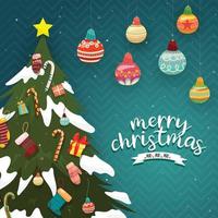 joyeuse carte de Noël avec une boîte-cadeau décorée de pins et de boules suspendues. vecteur
