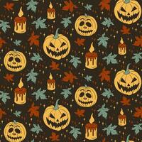 rétro couleurs vecteur silhouette Halloween sans couture modèle avec effrayant citrouilles, feuilles, bougies et étoiles sur foncé Contexte. foncé thème pour effrayant décoration, textile, emballage papier, Contexte