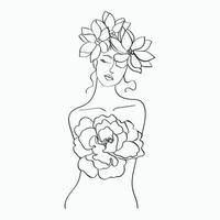 femmes et fleurs dessin au trait. fille avec des fleurs et laisse une ligne de dessin vectoriel. dessin d'art en ligne continue de portrait pour les impressions, les tatouages, les cosmétiques, la mode, les salons de beauté et la décoration murale. vecteur