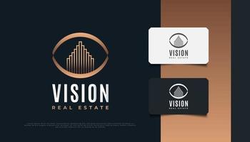 création de logo immobilier avec concept de vision oculaire en dégradé d'or de luxe. création de logo de construction, d'architecture ou de bâtiment vecteur