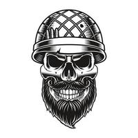 une illustration en noir et blanc d'un soldat crâne barbu vecteur