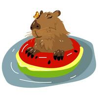 une capybara dans une Japonais chaud printemps onsen dans une cercle dans le forme de une pastèque avec une papillon sur ses nez. une capybara flottant dans le l'eau. kawaii dessin, marrant isolé plat illustration vecteur