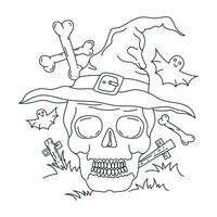 Halloween crâne avec sorcière chapeau contour illustration pour coloration livre conception vecteur