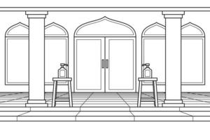 la cour de la mosquée avec désinfectant pour les mains devant la porte. vecteur. livre de coloriage. vecteur