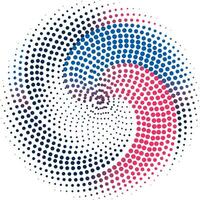 une circulaire point modèle avec bleu et rose couleurs, point cmyk noir pente symbole logotype circulaire forme spirale demi-teinte cercle rond abstrait cercle vecteur