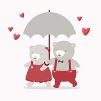 Couple amoureux d'ours en peluche sous un parapluie vecteur