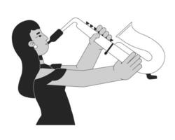 élégant Indien femme en jouant saxophone noir et blanc 2d ligne dessin animé personnage. Sud asiatique femelle en portant saxo isolé vecteur contour personne. le jazz saxophoniste monochromatique plat place illustration
