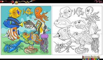 dessin animé poisson et Marin animal personnages groupe coloration page vecteur