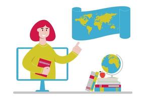 professeur de géographie en ligne avec carte du monde sur écran d'ordinateur. cours d'apprentissage à distance ou webinaire. enseignement à distance, concept d'enseignement à domicile vecteur