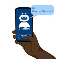 Humain main en portant mobile téléphone avec chatbot sur filtrer. virtuel intelligent assistant bot et client un service soutien concept vecteur