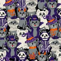 Halloween sans couture modèle avec mignonne chats dans effrayant tenues. marrant vacances texture parfait pour cadeau emballage, Accueil décor et textiles. vecteur