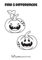 trouver le 5 différences mignonne citrouille Halloween fête mini Jeux pour des gamins coloration livre pour enfants. mini Jeux pour enfants d'âge préscolaire, éducatif et éducatif Jeux pour les tout-petits. noir et blanc vecteur