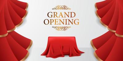 bannière d'affiche d'inauguration de luxe élégante avec vague de rideau de soie rouge ouverte avec illustration de boîte de couverture en tissu avec fond blanc et texte doré vecteur