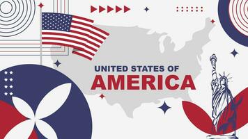 uni États de Amérique nationale vacances ou américain indépendance jour, conception Contexte bannière avec statue de liberté, carte et américain drapeau dans moderne rétro style vecteur