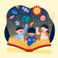 illustration vectorielle de grand personnage de dessin animé isolé d'enfants mignons lisant un livre et apprenant et découvrant vecteur