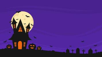Halloween hanté maison plat vecteur illustration avec cimetière, chauves-souris, citrouille, et lune avec effrayant atmosphère sur violet Contexte