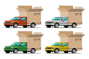 grandes icônes colorées de vecteur de véhicule isolé, illustrations plates de livraison par camionnette via l'emplacement de suivi gps véhicule de livraison, livraison de marchandises et de nourriture, livraison instantanée, livraison en ligne.