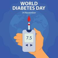 illustration vecteur graphique de main en portant du sang glucose mètre, montrant du sang goutte, parfait pour international jour, monde Diabète jour, célébrer, salutation carte, etc.