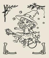 Halloween sorcière en volant sur balai. noir et blanc vecteur illustration pour coloration livre