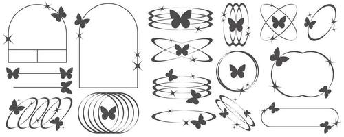 esthétique cadres et formes avec papillons. minimal y2k contour graphique conception avec scintille. abstrait minimaliste arches les frontières. branché boho géométrique modèles ensemble. vecteur illustration.