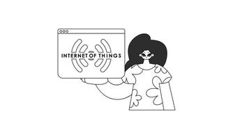 fille en portant iot logo, linéaire vecteur illustration