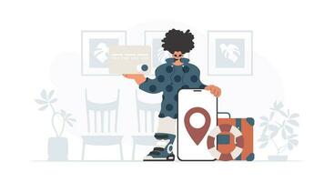 le individuel est en portant une banque carte et une téléphone avec une zone. le concept de du repos et Voyage. branché style, vecteur illustration