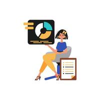 le fille est assis dans une chaise et détient une graphique avec statistiques. branché style, vecteur illustration