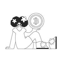 une unique femme est en portant une bitcoin pièce de monnaie. journal noir et blanc style. vecteur