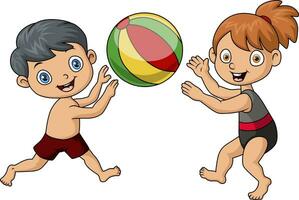 mignonne peu fille et garçon en jouant plage Balle vecteur